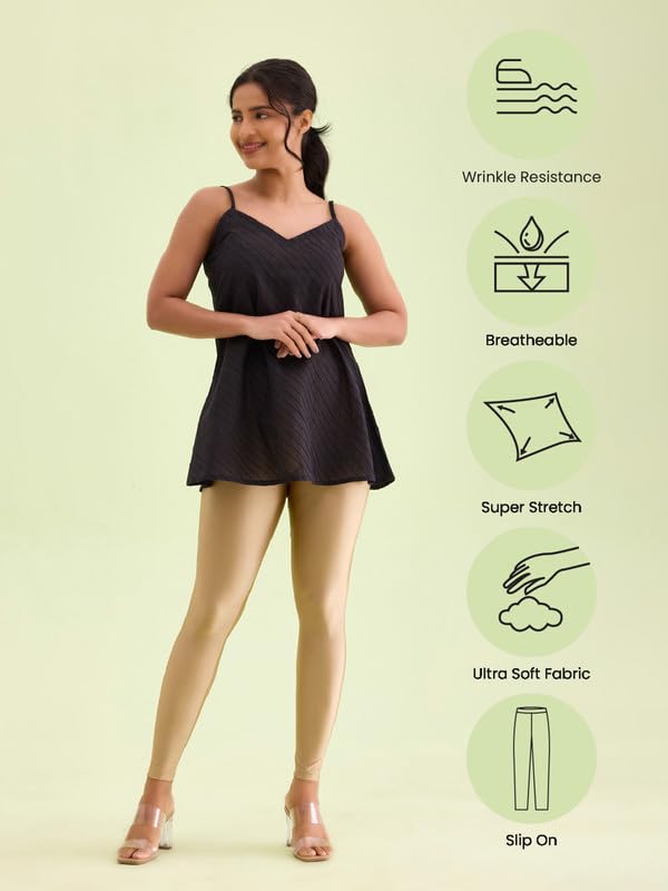 GO COLORS Shimmer Ankle Length Leggings for Women | Smooth Nylon Finish, Mid Rise, Deep Gold