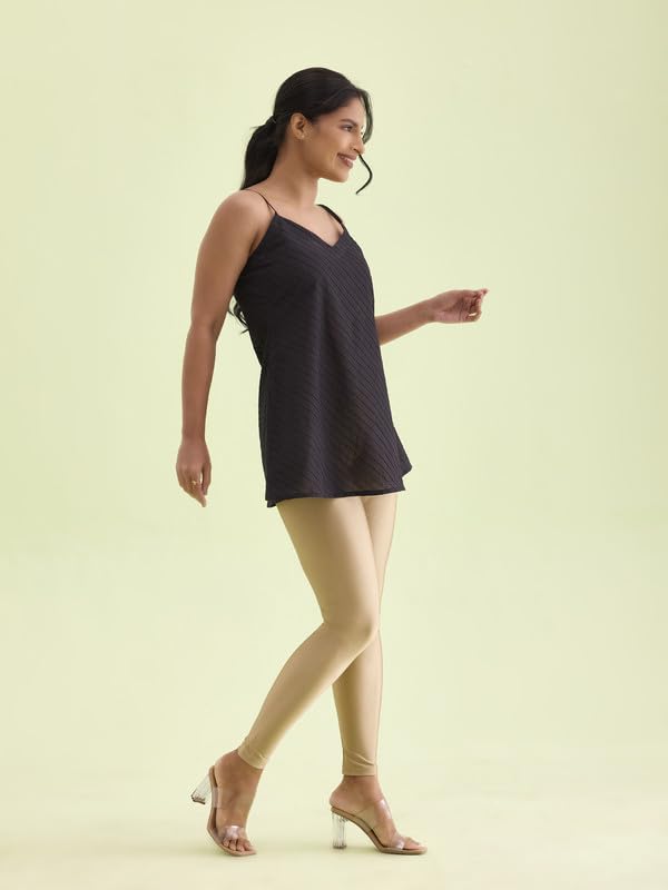 GO COLORS Shimmer Ankle Length Leggings for Women | Smooth Nylon Finish, Mid Rise, Deep Gold