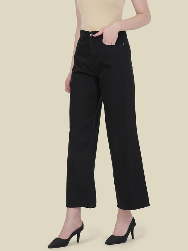 GO COLORS Soft Cotton-Tencel Blend Twill Wide Pants Full Length for Women| Breathable, High Rise, Black