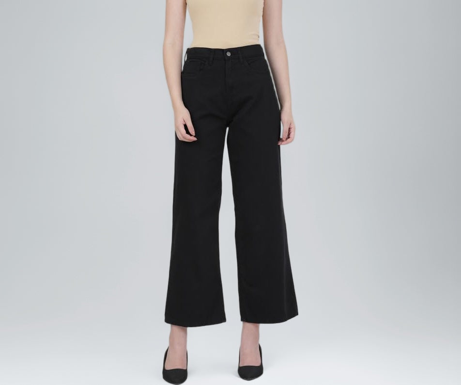 GO COLORS Soft Cotton-Tencel Blend Twill Wide Pants Full Length for Women| Breathable, High Rise, Black