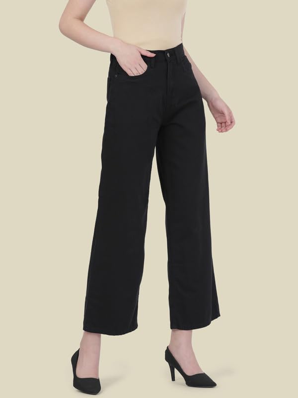 GO COLORS Soft Cotton-Tencel Blend Twill Wide Pants Full Length for Women| Breathable, High Rise, Black