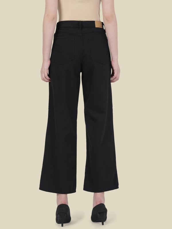 GO COLORS Soft Cotton-Tencel Blend Twill Wide Pants Full Length for Women| Breathable, High Rise, Black