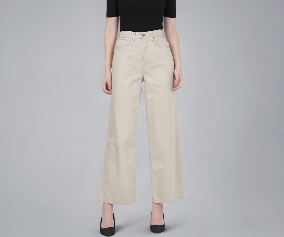 GO COLORS Soft Cotton-Tencel Blend Twill Wide Pants Full Length for Women| Breathable, High Rise,Light Beige