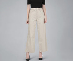GO COLORS Soft Cotton-Tencel Blend Twill Wide Pants Full Length for Women| Breathable, High Rise,Light Beige