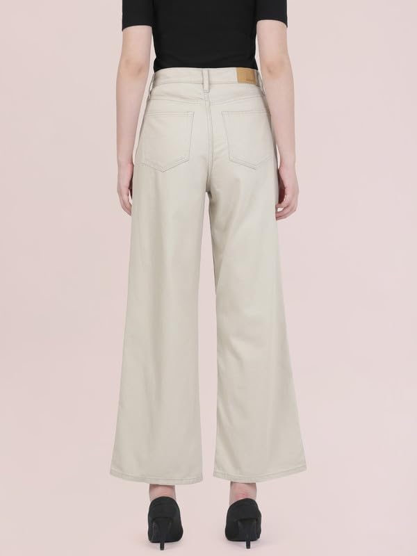 GO COLORS Soft Cotton-Tencel Blend Twill Wide Pants Full Length for Women| Breathable, High Rise,Light Beige