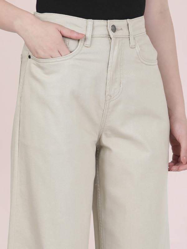 GO COLORS Soft Cotton-Tencel Blend Twill Wide Pants Full Length for Women| Breathable, High Rise,Light Beige