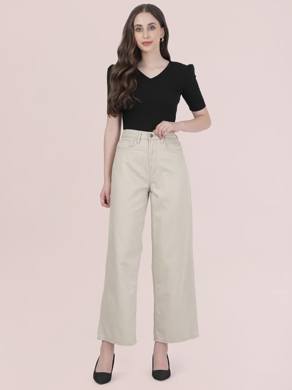 GO COLORS Soft Cotton-Tencel Blend Twill Wide Pants Full Length for Women| Breathable, High Rise,Light Beige
