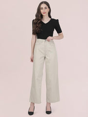 GO COLORS Soft Cotton-Tencel Blend Twill Wide Pants Full Length for Women| Breathable, High Rise,Light Beige