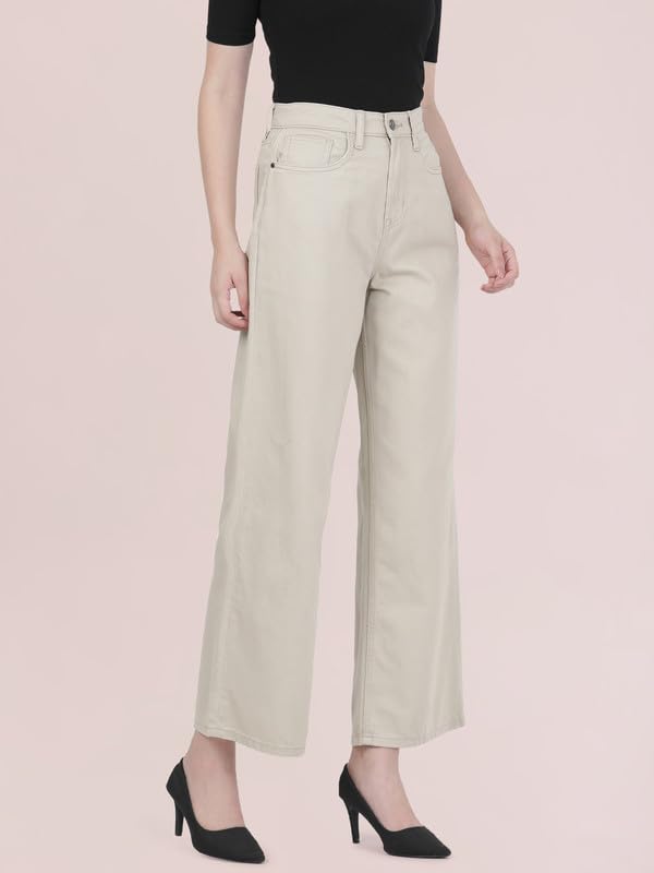 GO COLORS Soft Cotton-Tencel Blend Twill Wide Pants Full Length for Women| Breathable, High Rise,Light Beige