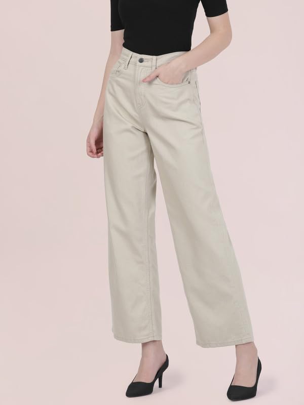 GO COLORS Soft Cotton-Tencel Blend Twill Wide Pants Full Length for Women| Breathable, High Rise,Light Beige