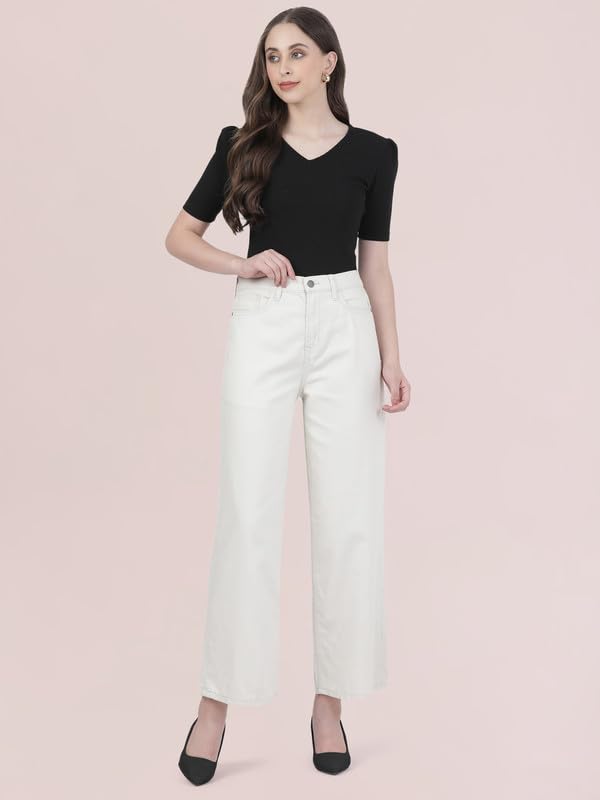 GO COLORS Soft Cotton-Tencel Blend Twill Wide Pants Full Length for Women| Breathable, High Rise, Cream