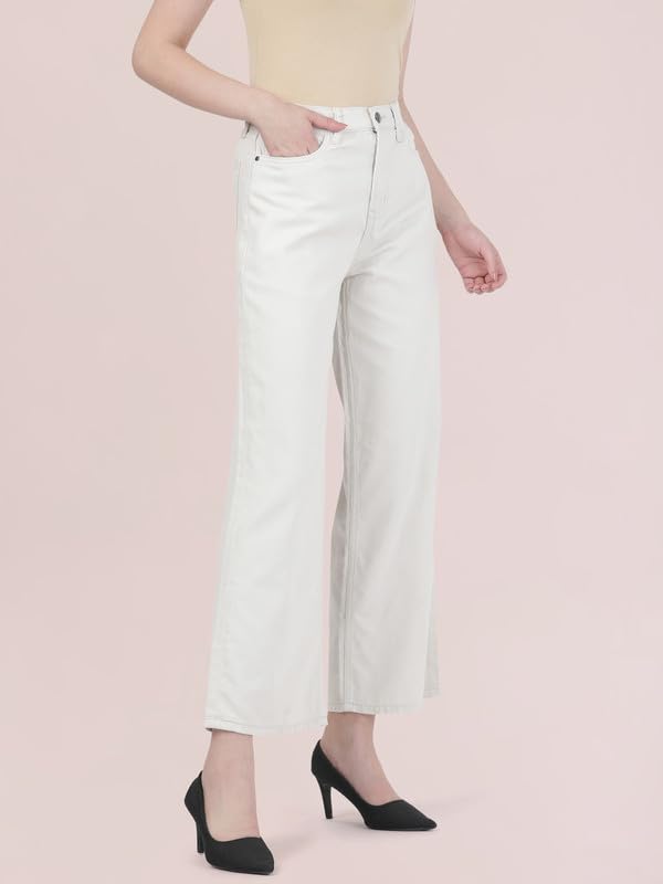GO COLORS Soft Cotton-Tencel Blend Twill Wide Pants Full Length for Women| Breathable, High Rise, Cream