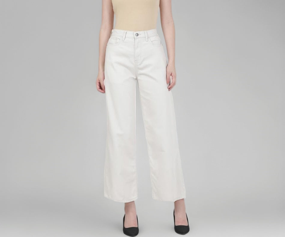 GO COLORS Soft Cotton-Tencel Blend Twill Wide Pants Full Length for Women| Breathable, High Rise, Cream