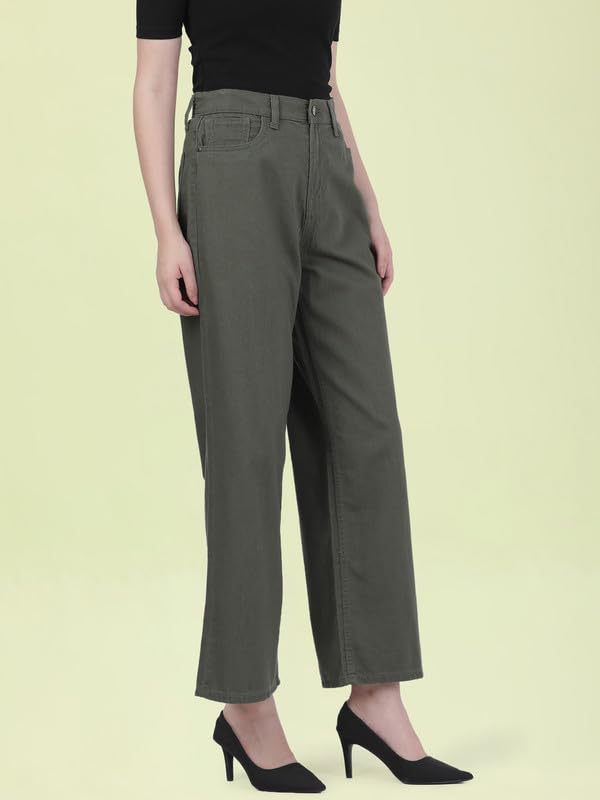 GO COLORS Soft Cotton-Tencel Blend Twill Wide Pants Full Length for Women| Breathable, High Rise, Olive Green