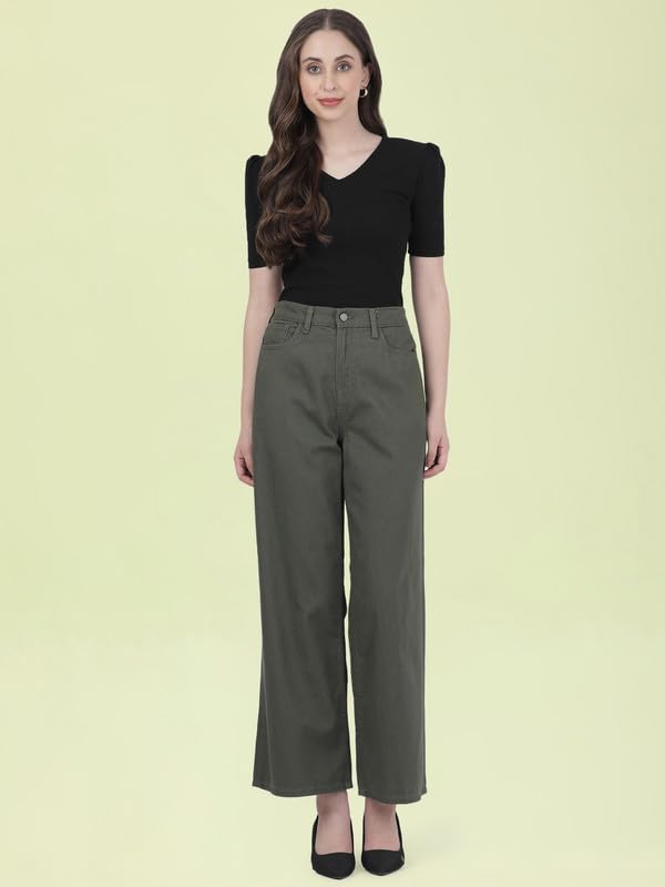GO COLORS Soft Cotton-Tencel Blend Twill Wide Pants Full Length for Women| Breathable, High Rise, Olive Green