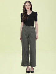 GO COLORS Soft Cotton-Tencel Blend Twill Wide Pants Full Length for Women| Breathable, High Rise, Olive Green