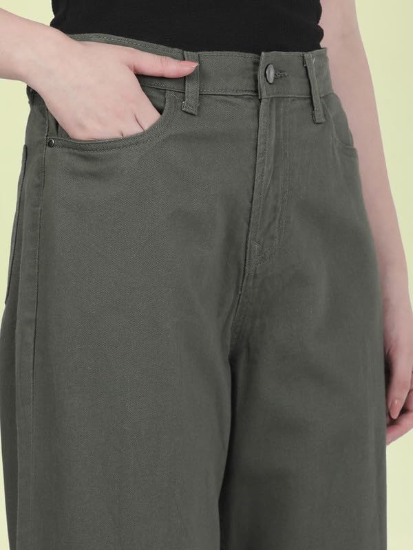 GO COLORS Soft Cotton-Tencel Blend Twill Wide Pants Full Length for Women| Breathable, High Rise, Olive Green