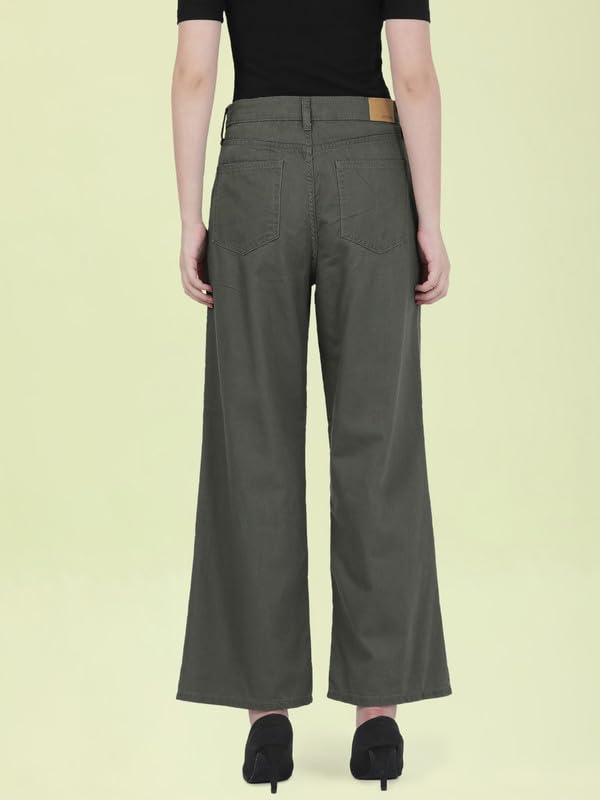GO COLORS Soft Cotton-Tencel Blend Twill Wide Pants Full Length for Women| Breathable, High Rise, Olive Green