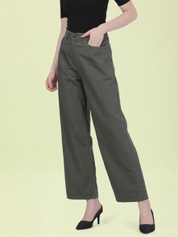 GO COLORS Soft Cotton-Tencel Blend Twill Wide Pants Full Length for Women| Breathable, High Rise, Olive Green