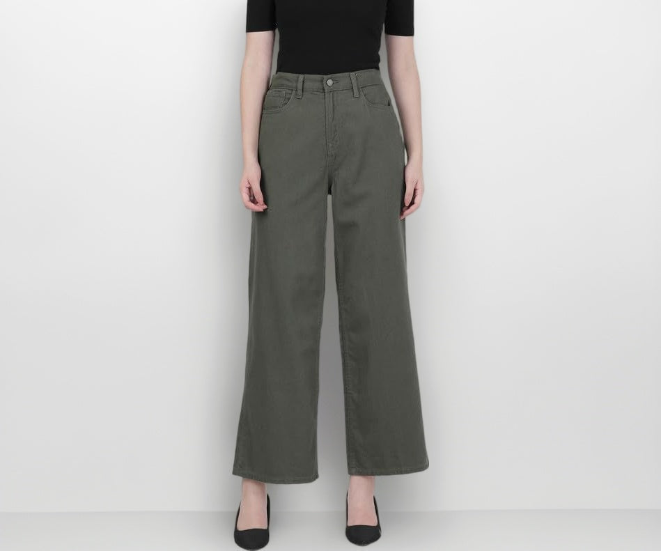 GO COLORS Soft Cotton-Tencel Blend Twill Wide Pants Full Length for Women| Breathable, High Rise, Olive Green