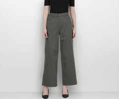 GO COLORS Soft Cotton-Tencel Blend Twill Wide Pants Full Length for Women| Breathable, High Rise, Olive Green
