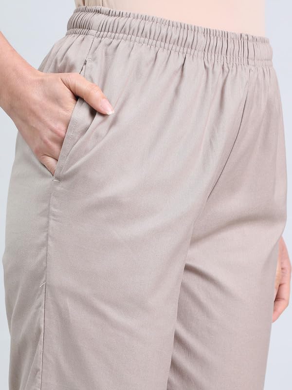 GO COLORS Linen Pencil Pant Full Length for Women| Breathable, Mid Rise, Beige