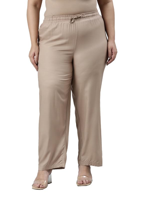 GO COLORS Women's Solid Beige Viscose Full Length Casual Pants