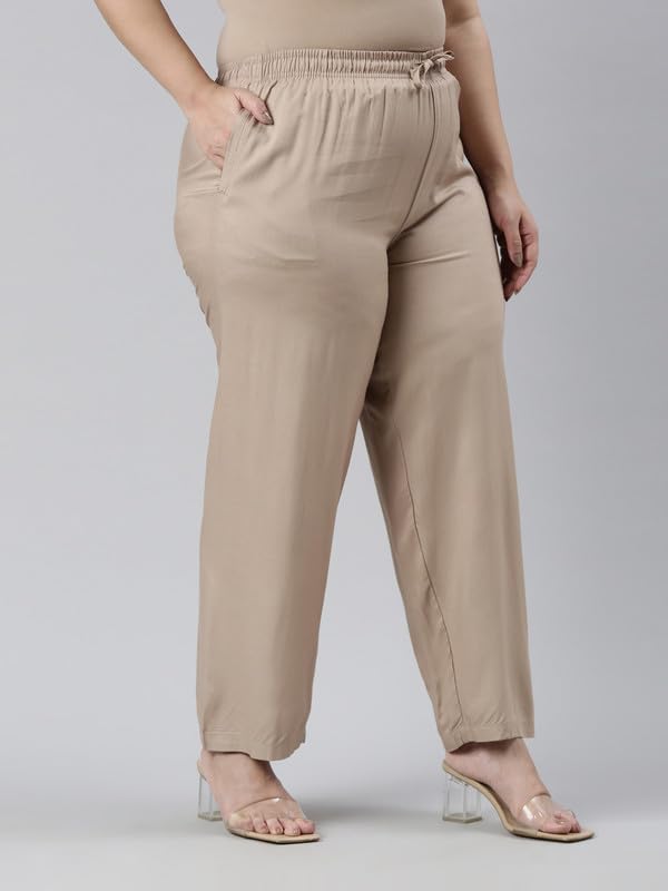 GO COLORS Women's Solid Beige Viscose Full Length Casual Pants