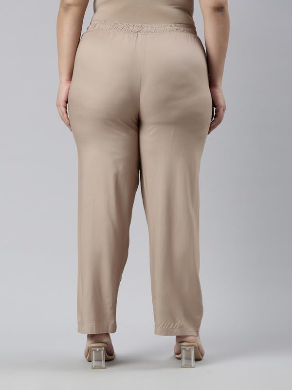 GO COLORS Women's Solid Beige Viscose Full Length Casual Pants