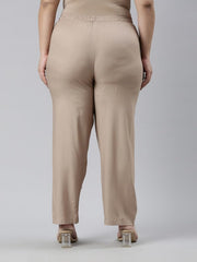GO COLORS Women's Solid Beige Viscose Full Length Casual Pants