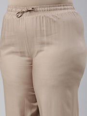 GO COLORS Women's Solid Beige Viscose Full Length Casual Pants
