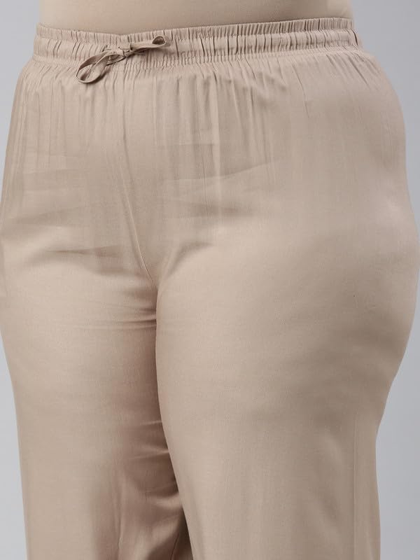 GO COLORS Women's Solid Beige Viscose Full Length Casual Pants