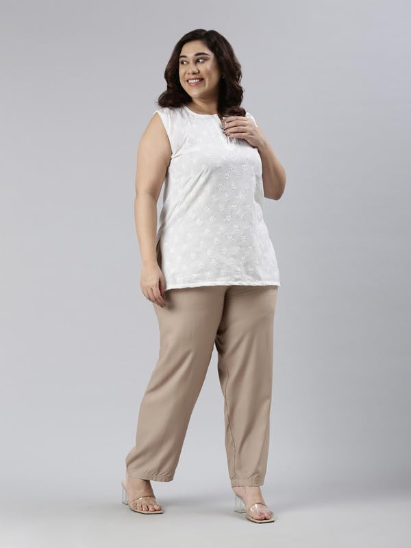 GO COLORS Women's Solid Beige Viscose Full Length Casual Pants