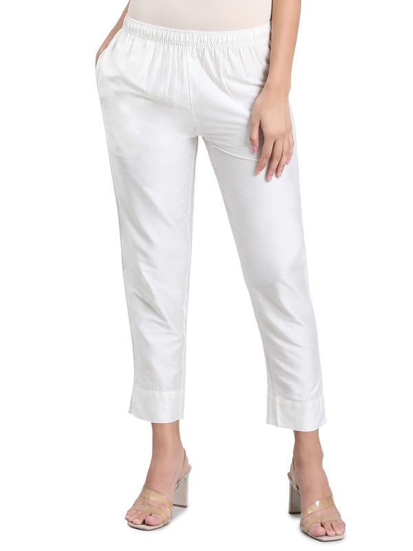 GO COLORS Women's Solid Beige Viscose Full Length Casual Pants