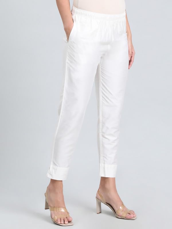 GO COLORS Women's Solid Beige Viscose Full Length Casual Pants
