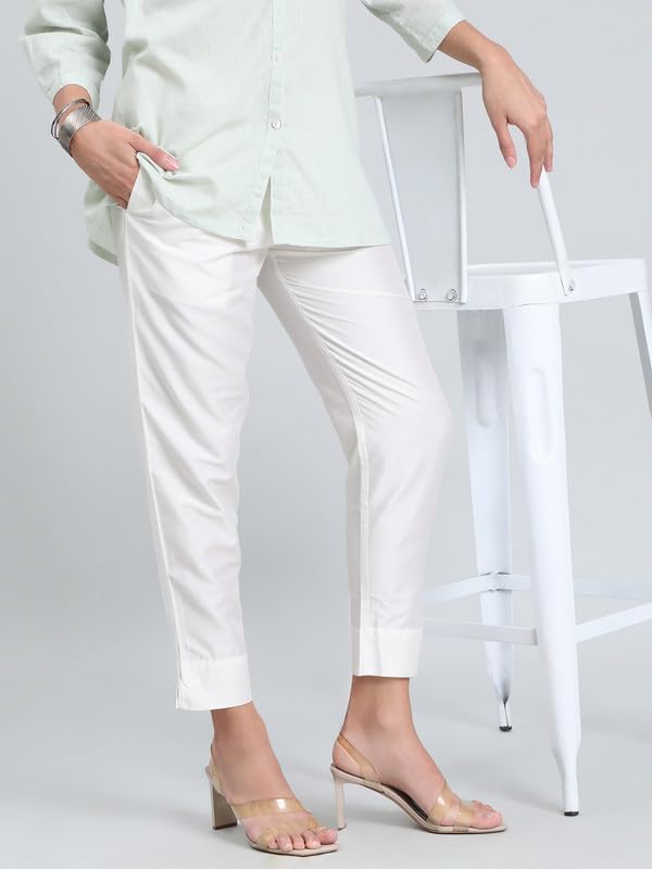 GO COLORS Women's Solid Beige Viscose Full Length Casual Pants