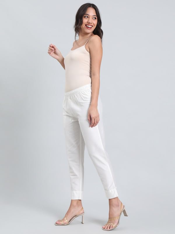 GO COLORS Women's Solid Beige Viscose Full Length Casual Pants