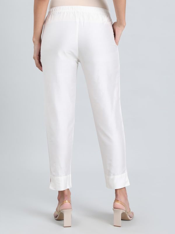 GO COLORS Women's Solid Beige Viscose Full Length Casual Pants