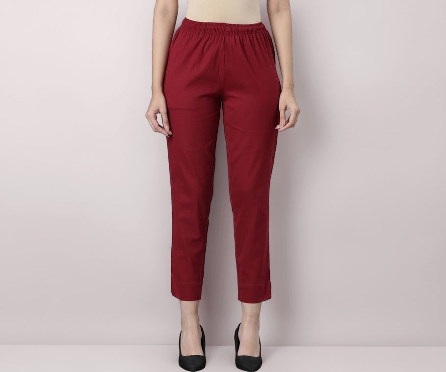 GO COLORS Women's Light Maroon Cotton Pencil Pant