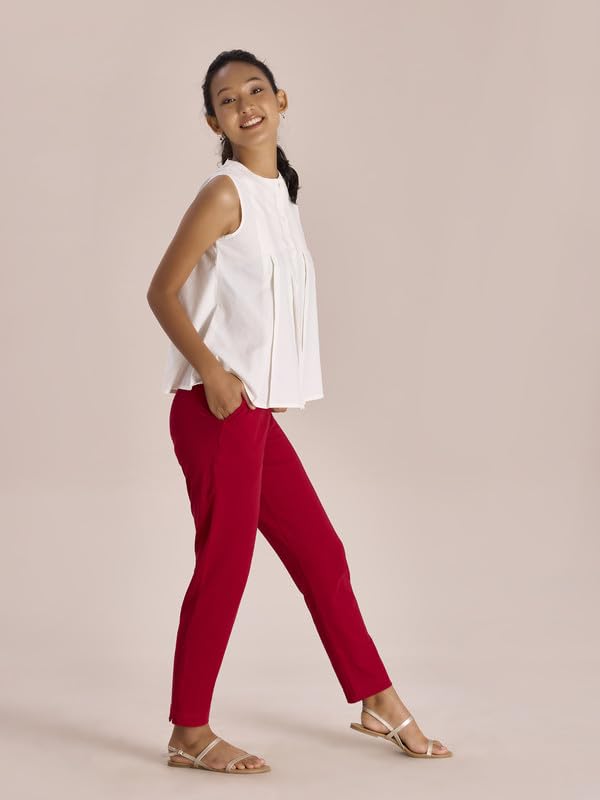 GO COLORS Women Solid Red Cotton Mid Rise Regular Fit Kurti Pants