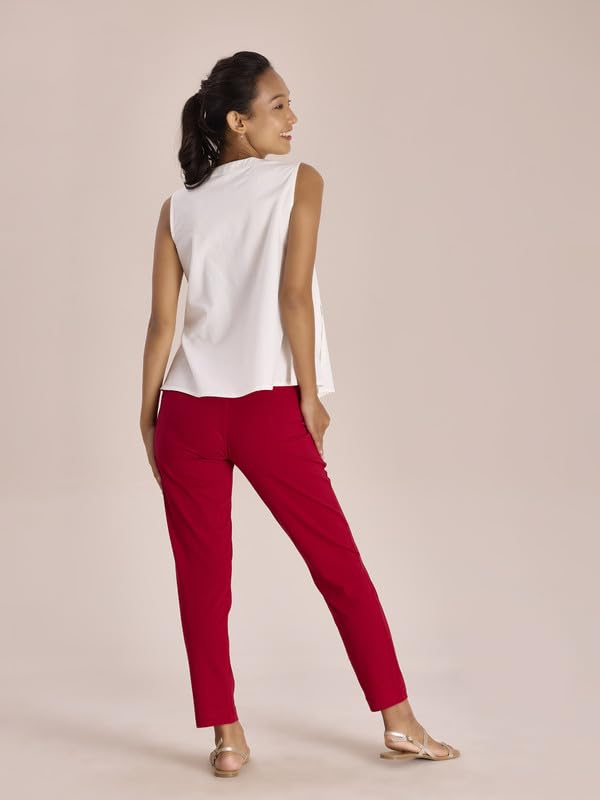 GO COLORS Women Solid Red Cotton Mid Rise Regular Fit Kurti Pants