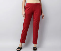 GO COLORS Women Solid Red Cotton Mid Rise Regular Fit Kurti Pants