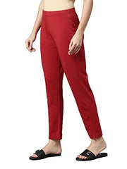 GO COLORS Women Solid Red Cotton Mid Rise Regular Fit Kurti Pants
