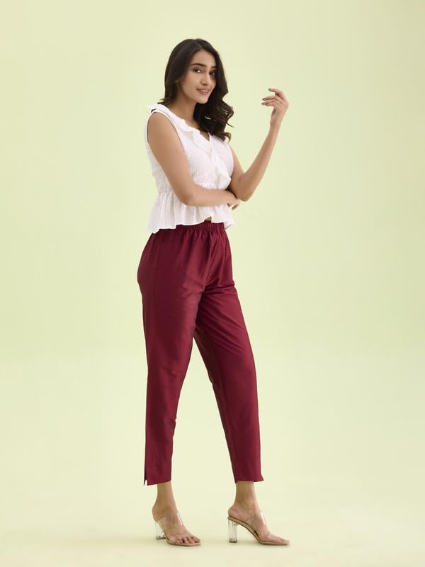 GO COLORS Women Maroon Mid Rise Tapered Fit Modal Metallic Pant