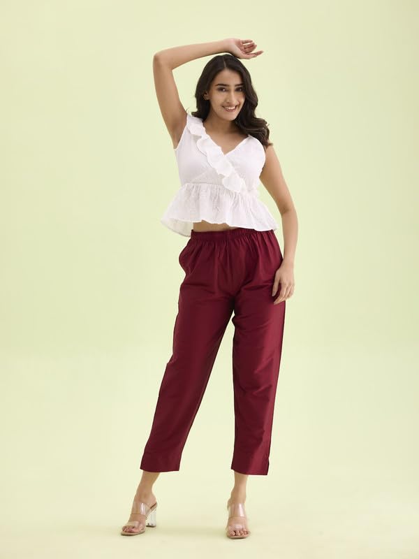 GO COLORS Women Maroon Mid Rise Tapered Fit Modal Metallic Pant