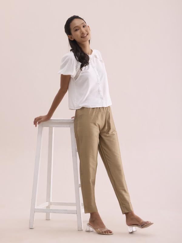GO COLORS Women Gold Mid Rise Modal Metallic Pant - 2XL