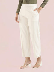 GO COLORS Stretch Rayon Blend Ponte Wide Pants Full Length for Women| Breathable, High Rise, Cream
