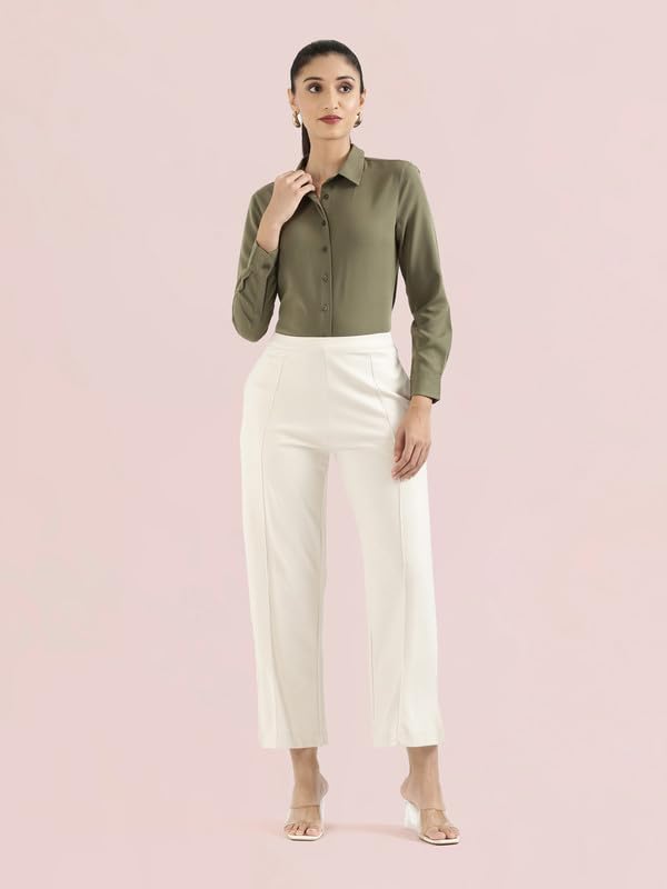 GO COLORS Stretch Rayon Blend Ponte Wide Pants Full Length for Women| Breathable, High Rise, Cream