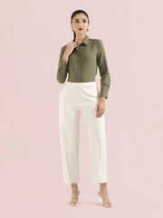 GO COLORS Stretch Rayon Blend Ponte Wide Pants Full Length for Women| Breathable, High Rise, Cream