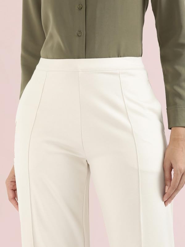 GO COLORS Stretch Rayon Blend Ponte Wide Pants Full Length for Women| Breathable, High Rise, Cream